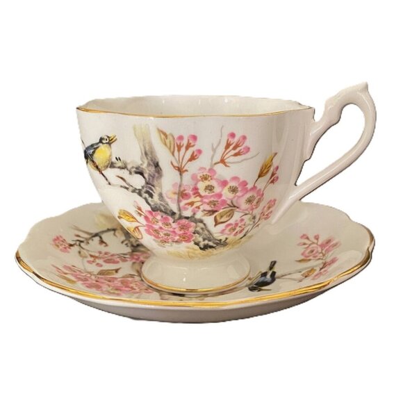 Vintage Queen Anne Bird in Cherry Blossom Tree Fine Bone China Cup Saucer Set - Picture 3 of 15